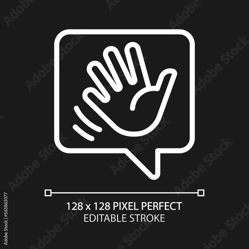 Saying hello pixel perfect white linear icon for dark theme. Greeting chat bubble with waving hand. Communication on internet. Thin line illustration. Isolated symbol for night mode. Editable stroke