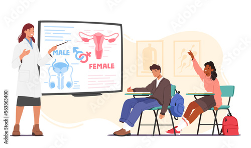 Sex Education in School Concept. Teacher Female Character Stand at Blackboard Explain to Students Men and Women Features