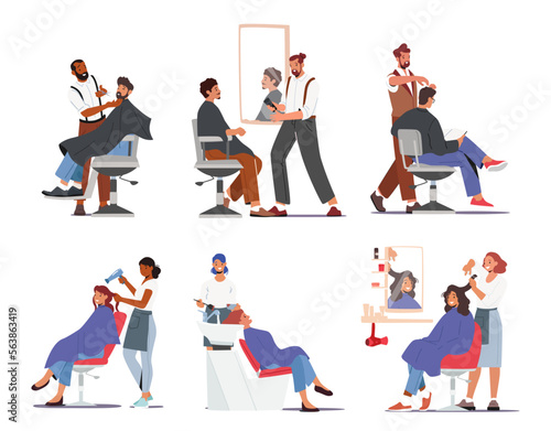 Set Male and Female Characters in Hairdresser Salon. Men and Women Applying Beautician Procedures in Barbershop