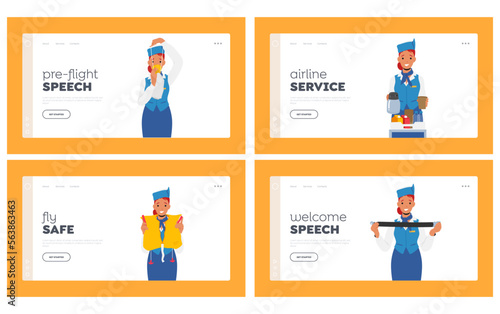 Stewardess Landing Page Template Set. Flight Attendant in Uniform Explain Information to Passengers in Airplane