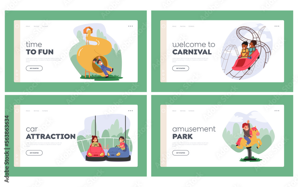 Children Fun in Amusement Park Landing Page Template Set. Little Girls and Boys Characters Riding Roller Coaster