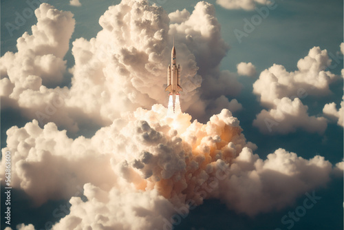Rocket coming out of the clouds. Created with Generative AI technology.