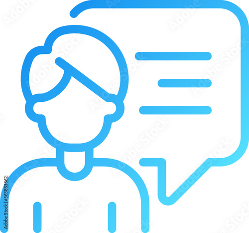 Talking man with chat bubble pixel perfect gradient linear vector icon. Person performing speech. Communication channel. Thin line color symbol. Modern style pictogram. Vector isolated outline drawing © bsd studio