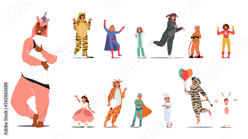 Set of People in Carnival Costumes. Male and Female Characters, Kids and Adults Wear Animal Kigurumi Pajamas