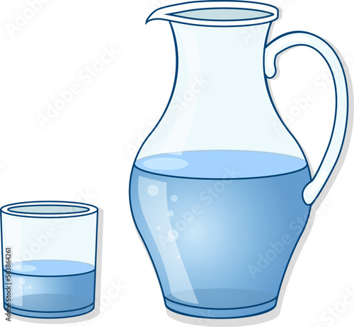 Transparent water carafe with glass on isolated white background. Vector illustration. 