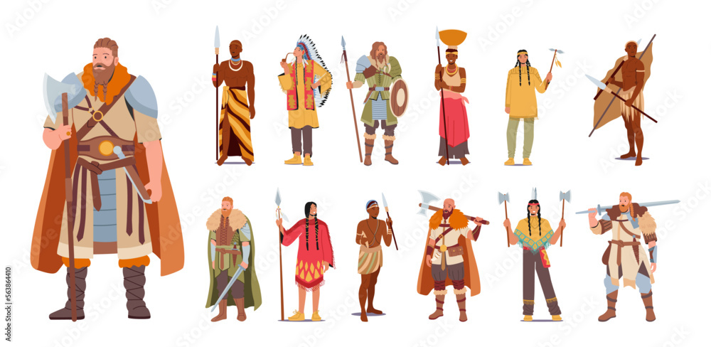 Set of Multiethnic People. Male and Female Characters Viking, African ...