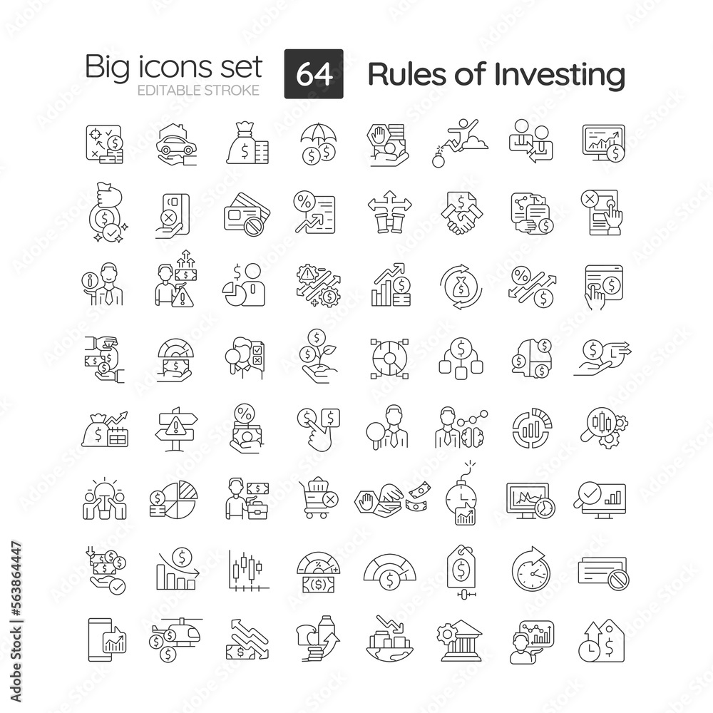 Rules of investment linear icons set. Trading on stock market. Financial strategy. Increase money savings. Customizable thin line symbols. Isolated vector outline illustrations. Editable stroke Rules of investment linear icons set. Trading on stock market. Financial strategy. Increase money savings. Customizable thin line symbols. Isolated vector outline illustrations. Editable stroke