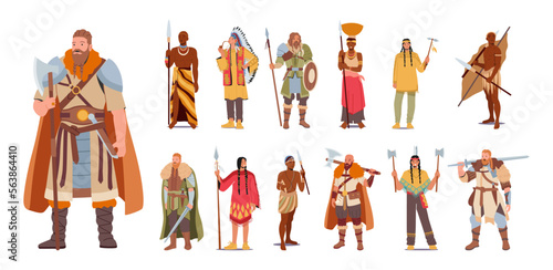 Set of Multiethnic People. Male and Female Characters Viking, African, Indian American Persons in Traditional Clothes