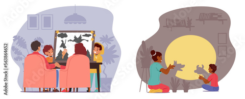Family Having Fun with Home Shadow Theater Showing Fairy Tale Legend on Screen under Flashlight Beam Vector Illustration
