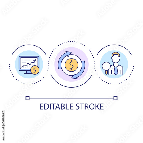 Analyzing currency exchange rates loop concept icon. Stock market processes. Money management abstract idea thin line illustration. Isolated outline drawing. Editable stroke. Arial font used