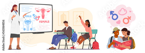 Sex Education in School Concept. Teacher Stand at Blackboard Explain to Students Features of Reproductive System