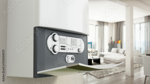 Combi boiler on the wall with contemporary living room view. 3D illustration photo