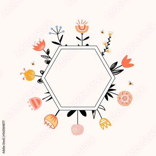 Frame with honey flowers and bees in Scandinavian Style. Bee honey comb hexagon shape. Cartoon vector isolated illustration