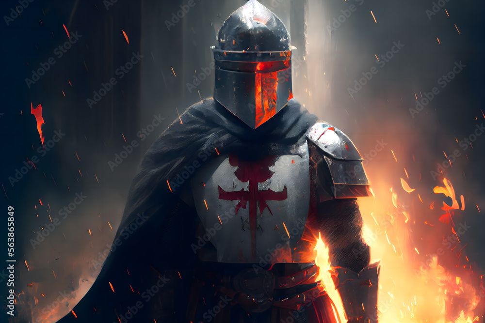 Naklejka premium Fantasy medieval battle, knights crossing the desert, there is ice and fire, there is the holy city of Jerusalem in the distance