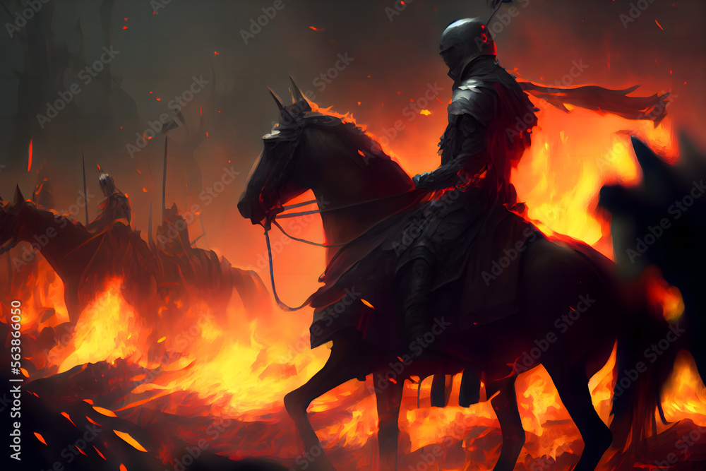 Fantasy medieval battle, knights crossing the desert, there is ice and fire, there is the holy city of Jerusalem in the distance Fantasy medieval battle, knights crossing the desert, there is ice and fire, there is the holy city of Jerusalem in the distance