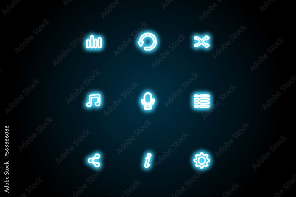 Music buttons icons symbols neon glowing Music buttons icons symbols neon glowing
