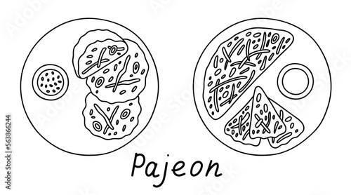 Pajeon with soy sauce and sesame on the plate, korean traditional food. Vector outline set with lettering.