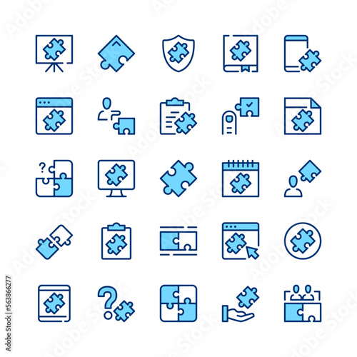 Puzzle line icons. Blue color. Vector line icons set