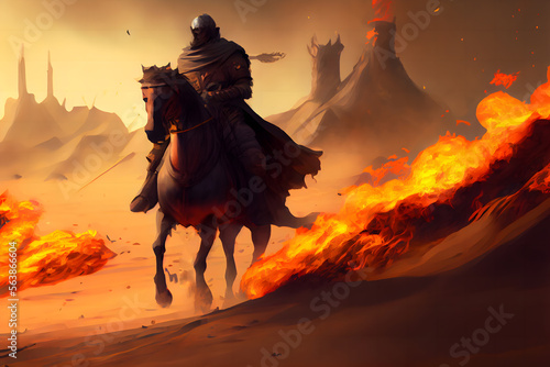 Fantasy medieval battle  knights crossing the desert  there is ice and fire  there is the holy city of Jerusalem in the distance