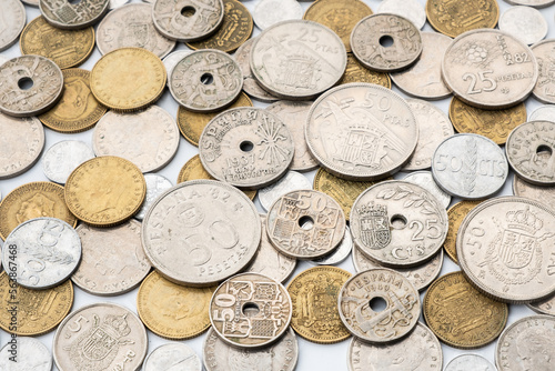 Ancient Spanish coins. Spanish money of pesetas and centimos photo