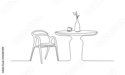 One continuous drawing of chair and table with coffee mug and vase. Vector illustration