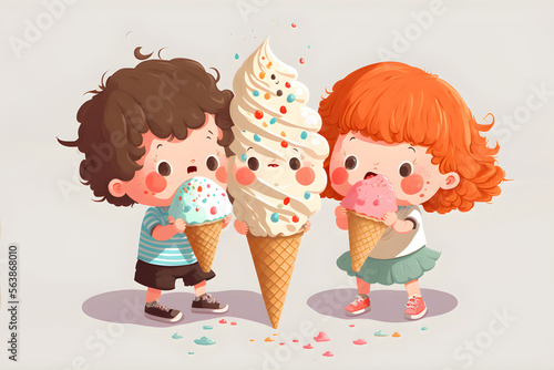 Happy children's eating ice cream on white background,cartoon style.ai generated photo