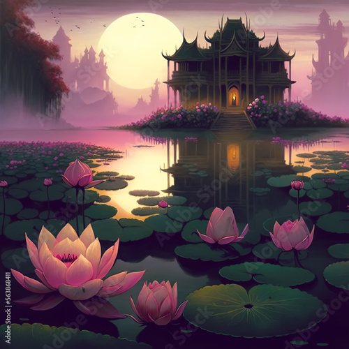 illustration lotus lake in the fog at dawn © Space Wind