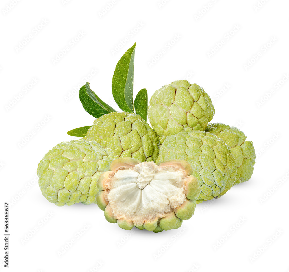 Fototapeta premium custard apple with leaves isolated on white background
