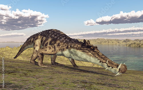 Prähistorisches Krokodil Kaprosuchus in einer Landschaft