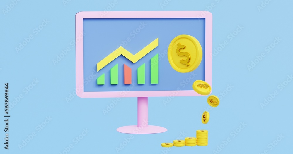 3d render of a monitor with a rising and falling diagram on its screen and a stack of coins 3d render of a monitor with a rising and falling diagram on its screen and a stack of coins