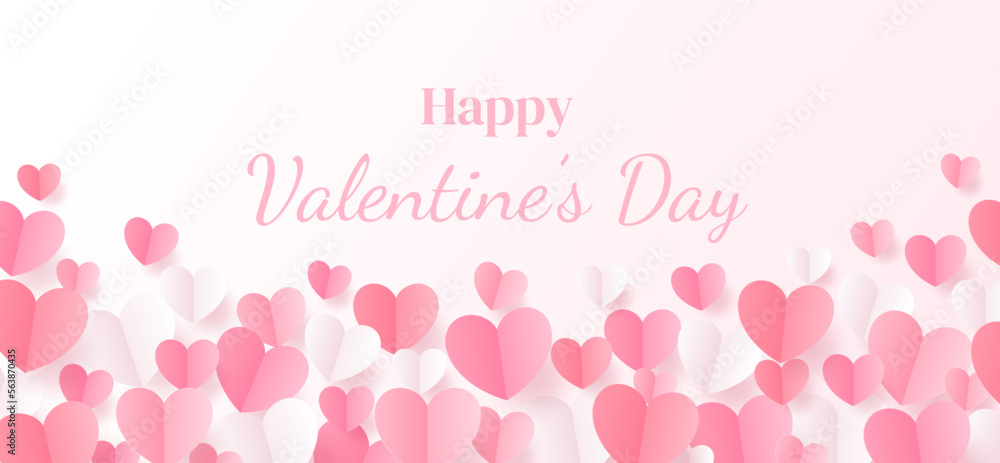 Pink, white, peach, red paper hearts with happy valentine’s day text card, banner, vector illustration