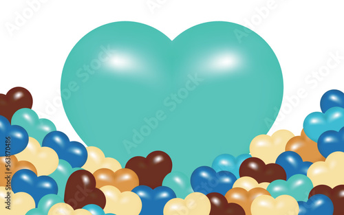 青と水色と白と茶色の沢山のハートの背景と大きな水色のハート