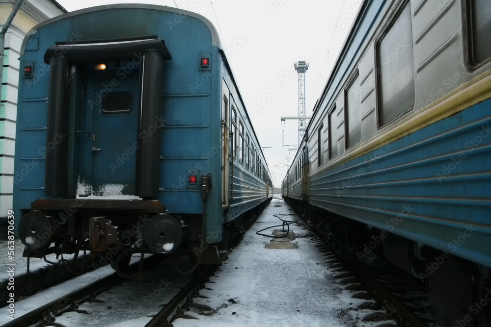Fototapeta premium Rails and train at the station, infrastructure of Ukraine