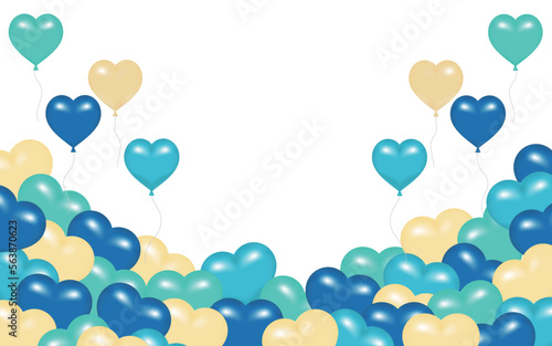 飛んでいる青と水色のハートの風船の背景と沢山のハート