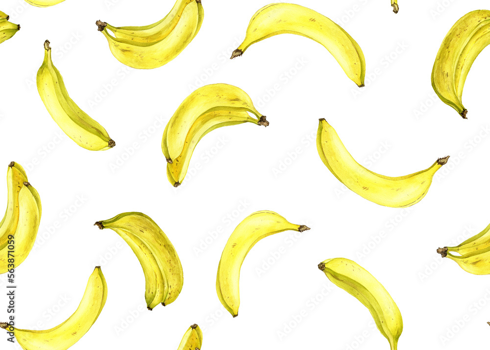 watercolor drawing yellow bananas , seamless pattern with fruits at white background, hand drawn illustration