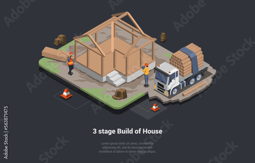 Concept Of House Building Stages And Foundation Work. Construction Workers Building Walls And Roof Of House Using Wooden Beams. Cottage Building Erection Process. Isometric 3D Vector Illustration