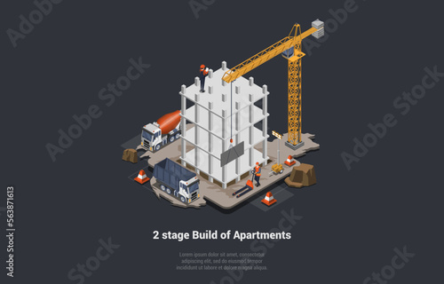 Concept Of House Building Stages And Foundation Work. Construction Workers Pouring Foundation With Tower Crane And Build Walls Of Multistory Building Or Skyscraper. Isometric 3D Vector Illustration