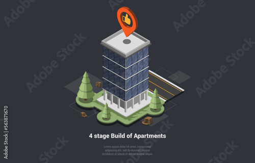 Concept Of Real Estate Building Stages And Apartment Buying. People Investing Money in Real Estate Property. House Loan, Rent and Mortgage. Newly Skyscraper Building. Isometric 3D Vector Illustration