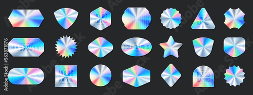 Holographic and colors sticker set. Shine metal badges of various shapes. Gradient sale and discount sticker Vector iridescent foil adhesive film, holography labels mockup and realistic holo textures.