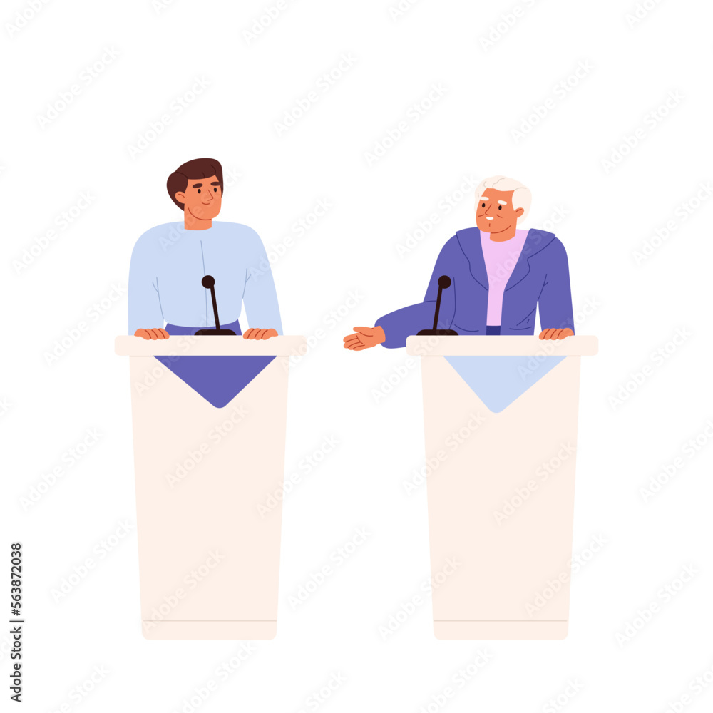 People politician stand on tribune debating. Male candidates at political debates, election campaign People politician stand on tribune debating. Male candidates at political debates, election campaign
