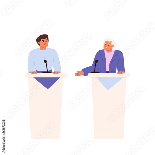 People politician stand on tribune debating. Male candidates at political debates, election campaign