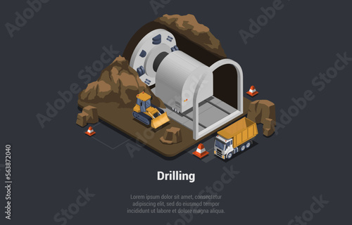 Tunnel Construction Composition With Drill, Bulldozer And Truck. Tunnel Boring Machine Is Drilling Tunnel At Construction of New Metro Line Or Highway Through Rock. Isometric 3d Vector Illustration