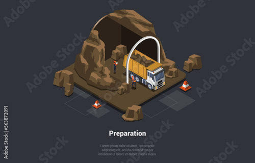 Tunnel Construction Composition Concept. Quarry Mining Machines, Underground, Tunneling Drilling Rig, Underground Mining Truck and Workers In Work Helmet And Clothes. Isometric 3d Vector Illustration