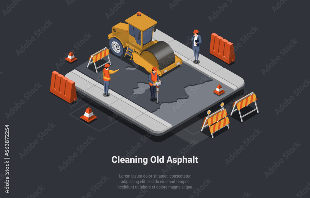 Road Works And Asphalt Paving. Men in Overall Cleaning Old Asphalt Using Heavy Asphalting Machinery. Special Transport, Pavement Compactor. Construction Industry. Isometric 3d Vector Illustration Road Works And Asphalt Paving. Men in Overall Cleaning Old Asphalt Using Heavy Asphalting Machinery. Special Transport, Pavement Compactor. Construction Industry. Isometric 3d Vector Illustration
