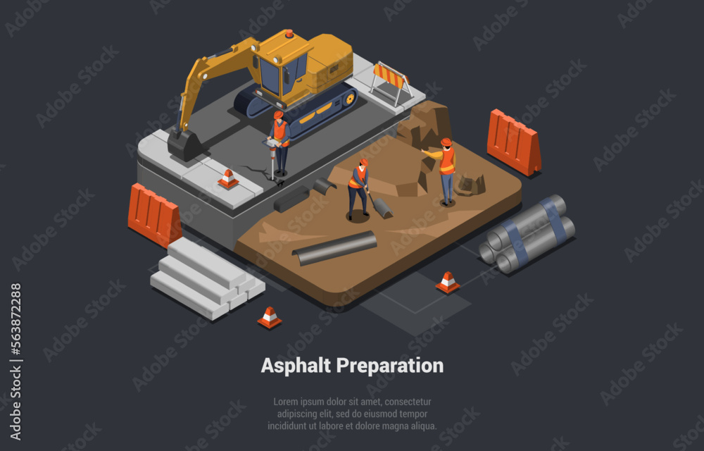 Road Works, Construction Industry And Asphalt Paving. Men Workers Laying Pipes, Making Asphalt Preparations Using Heavy Asphalting Machinery And Excavator. Isometric 3d Cartoon Vector Illustration Road Works, Construction Industry And Asphalt Paving. Men Workers Laying Pipes, Making Asphalt Preparations Using Heavy Asphalting Machinery And Excavator. Isometric 3d Cartoon Vector Illustration