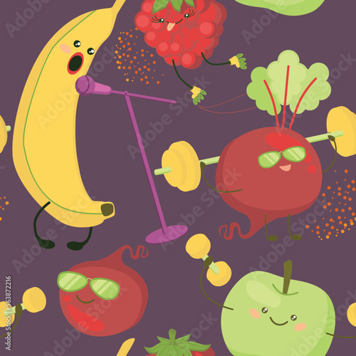 Seamless pattern with funny banana, beetroot and apple. 
Apple trains with dumbbells. Banana singing near the counter with a microphone. Raspberry is rollerblading