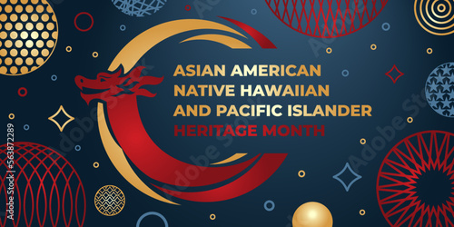 Asian american and pacific islander heritage month. Vector banner for social media. Illustration with text, chinese dragon, lanterns on background. Asian Pacific American Heritage Month card, flyer.