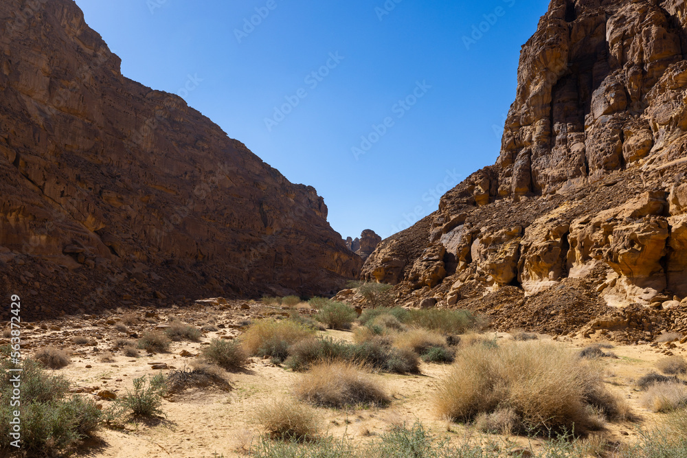 Natural outcrop rock formations near the Al Sahary resort  in Al Ula, north west Saudi Arabia - obrazy, fototapety, plakaty 