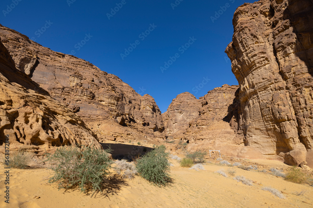 Natural outcrop rock formations near the Al Sahary resort  in Al Ula, north west Saudi Arabia - obrazy, fototapety, plakaty 