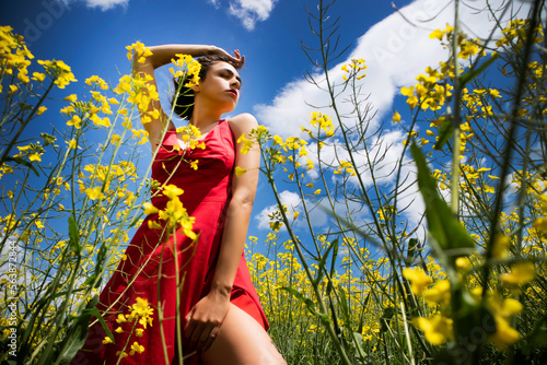 Young girl dressed in red in a field of yellow flowers © fotografiche.eu